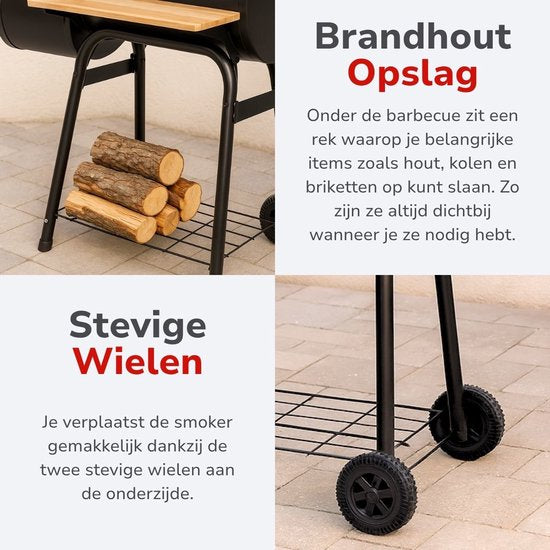 alpina Smokerbarbecue - BBQ Smoker - met Aparte Smoker - Instelbare Schoorsteen - 104 x 58 x 114 cm