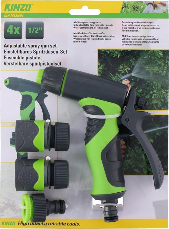 Kinzo 4-Delige Spuitpistool Set - Incl. 3 Verbindingsstukken voor Tuinslang - 8 Sproei-Standen - Soft-Grip Handgreep - Groen/Grijs
