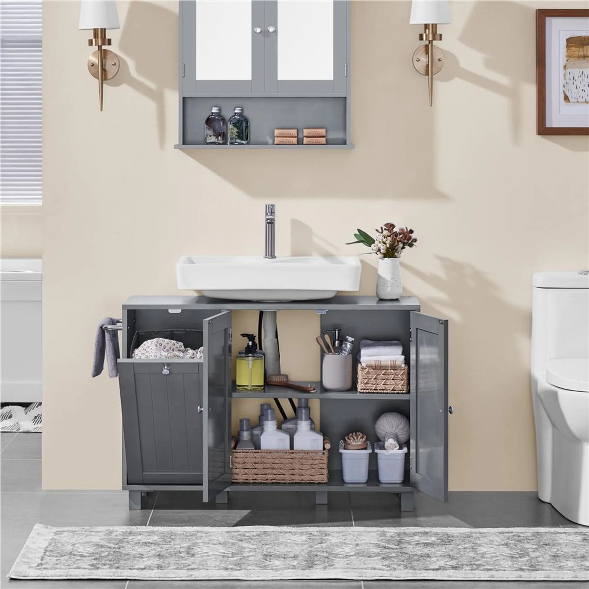 Yaheetech Wastafelonderkast met U-uitsparing en Wasmand 90x30x62,5 cm – Donkergrijs – MDF en Metaal