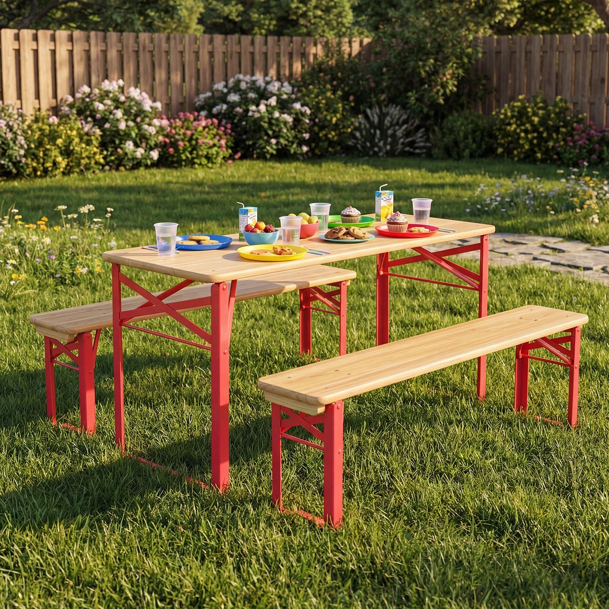 Coast Kinderpicknickset - opvouwbare picknicktafel met 2 banken - vurenhout en metaal - rood