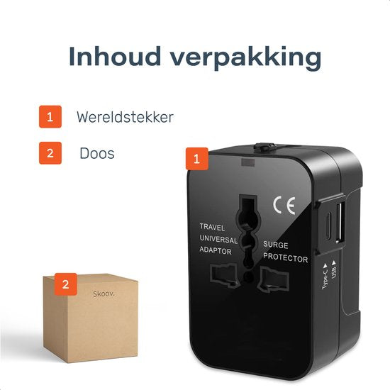 Universele wereldstekker 150+ Landen - Internationale - Verloop - Reis stekker - Adapter - Voor Amerika, Zuid Amerika, Engeland (UK), Azië, Europa, Afrika, Italië, Thailand, Curacao - 2x USB-C en 2x USB-A - Type G, Lichtgewicht - Skoov