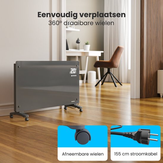 Auronic Elektrische Kachel – Convectorkachel met Thermostaat en Afstandsbediening - Glazen Paneelverwarming - 2500W Heater - Grijs