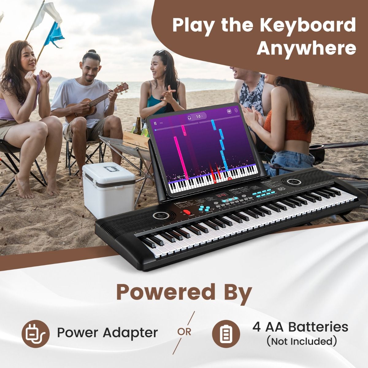 Coast Kinderkeyboard 61 Toetsen met Standaard, Microfoon & Draagtas - 58x18x5 cm - Zwart