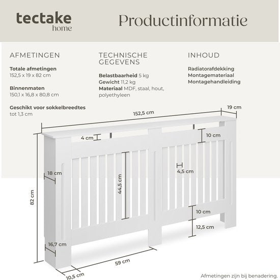 tectake® Radiatorombouw - Radiatorafdekking - Radiatorpaneel - Radiatoromkasting - Verwarmingsombouw - Lamellenontwerp, met plank - Div. afmetingen - 152,5x19x82cm - wit