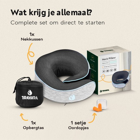TRAVARA Nekkussen - Reiskussen - Voor Vliegtuig - Auto - Traagschuim - Memory Foam - Met Oordoppen - Grijs
