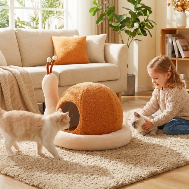 Coast Kattenmand 2-in-1 Slakkenvorm - Gesloten Kattenhuis met Uitneembaar Wasbaar Kussen - 56 x 48 x 39 cm - Bruin/Wit