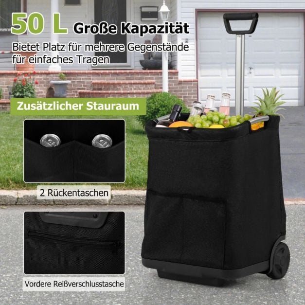 Coast Boodschappentrolley Zwart – Opvouwbare 50L Winkelwagen met 3 Vakken en Verstelbare Handgreep – 40 x 36 x 58/90 cm
