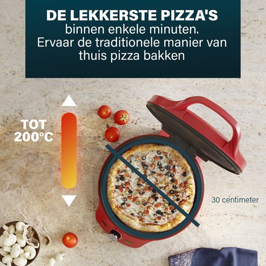 Princess Pizza maker 115007 - Pizzaoven - Regelbare thermostaat tot 220C - Rood - Ø30cm - ook te gebruiken als tafelgrill - voor verse en diepvriespizza's