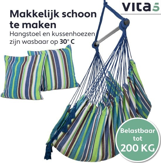Vita5 XXL Hangstoel | Binnen&Buiten Hangnest | Incl. 2 Kussens en Boekenvak | Volwassenen&Kinderen | Hangmatstoel tot 200kg | Blauw/Groen/Wit