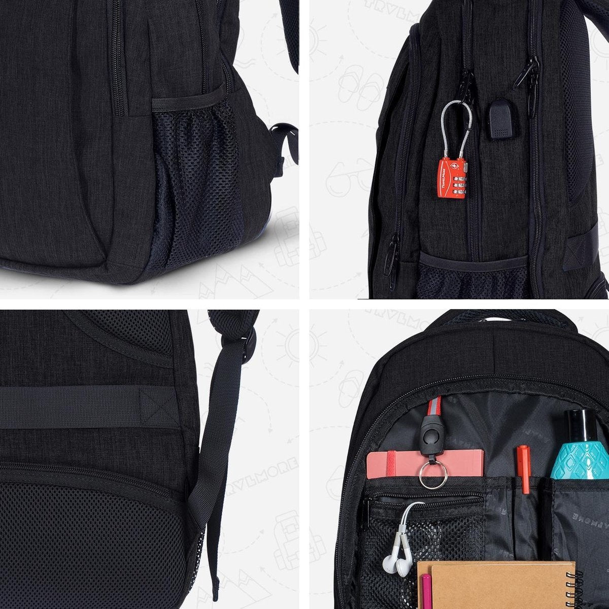 TRVLMORE Rugzak - 36L - 17,3 inch - Laptop Rugtas - Schooltas - Unisex - Spatwaterdicht Zwart