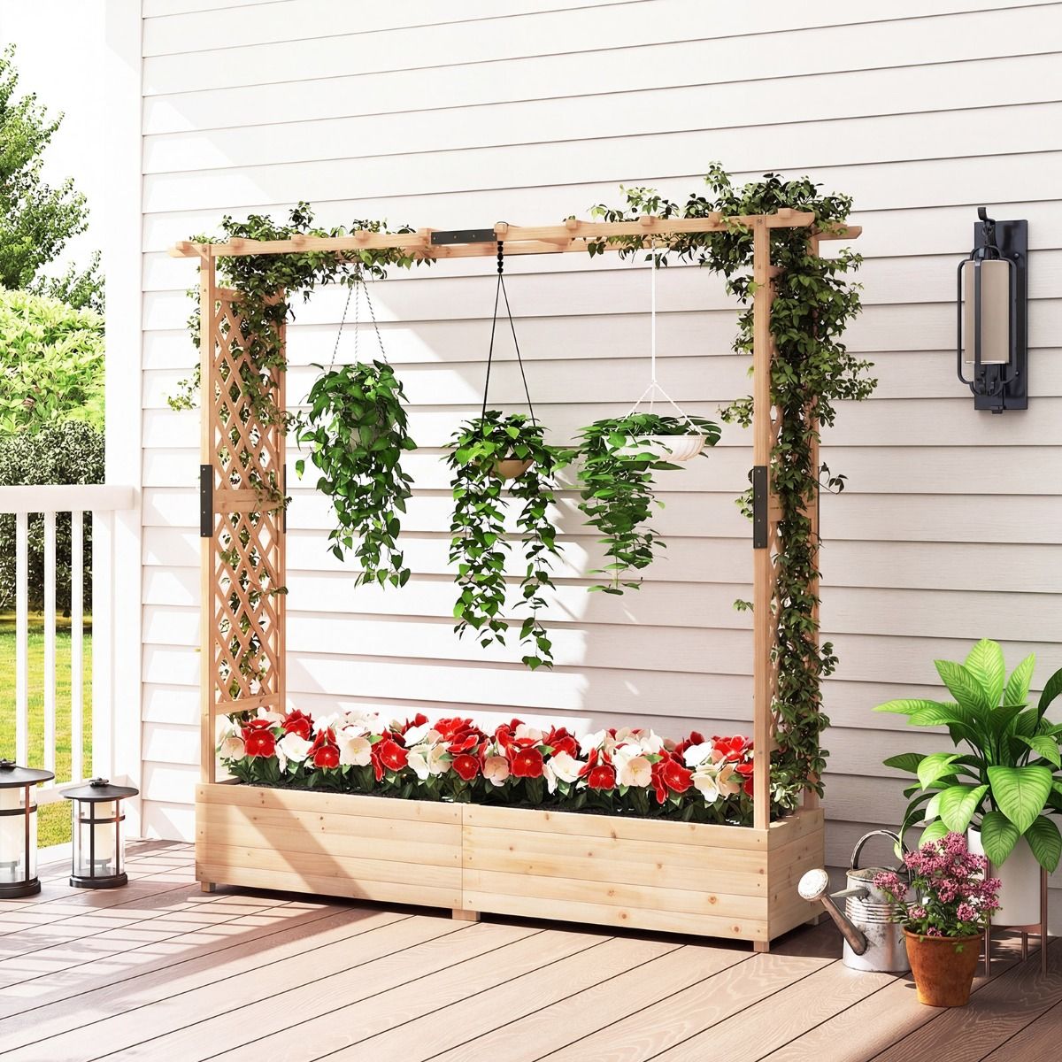 Coast Plantenbak met klimrek - verhoogde plantenbak - hangend dak - naturel hout - 196 x 44 x 182 cm