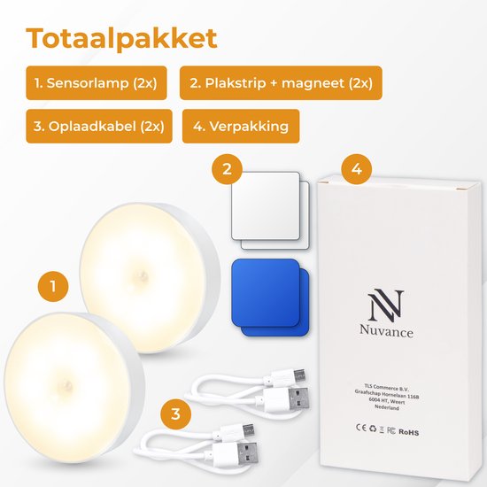 Nuvance - Draadloze Ledlamp - 2 Stuks - Warm Wit Licht - Magnetisch - Dag en Nacht Sensor - Usb Oplaadbaar - Kastverlichting – Wandlamp