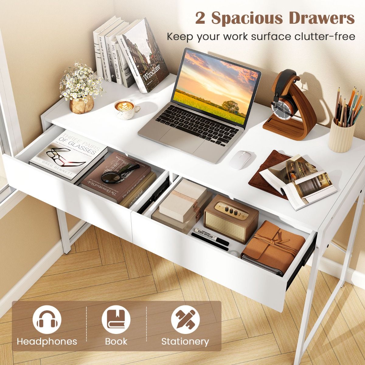 Coast Bureau met 2 lades - compact - stabiel metalen frame - rustiek bruin en zwart - 111 x 48 x 76 cm