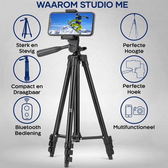 Studio ME Telefoon Statief - 128 cm - Tripod Smartphone - Zwart - Camera Statief - Telefoonhouder - Incl. Bluetooth Afstandsbediening - Statief Telefoon