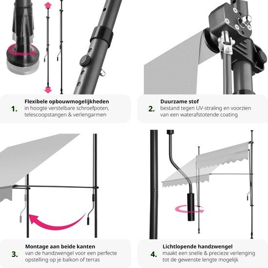 tectake - klemluifel - Zonnescherm – Zonneluifel - Verstelbaar - Klem-zonwering - Zonnescherm Balkon - 200 x 180 cm - lichtgrijs– zonwering - 404958