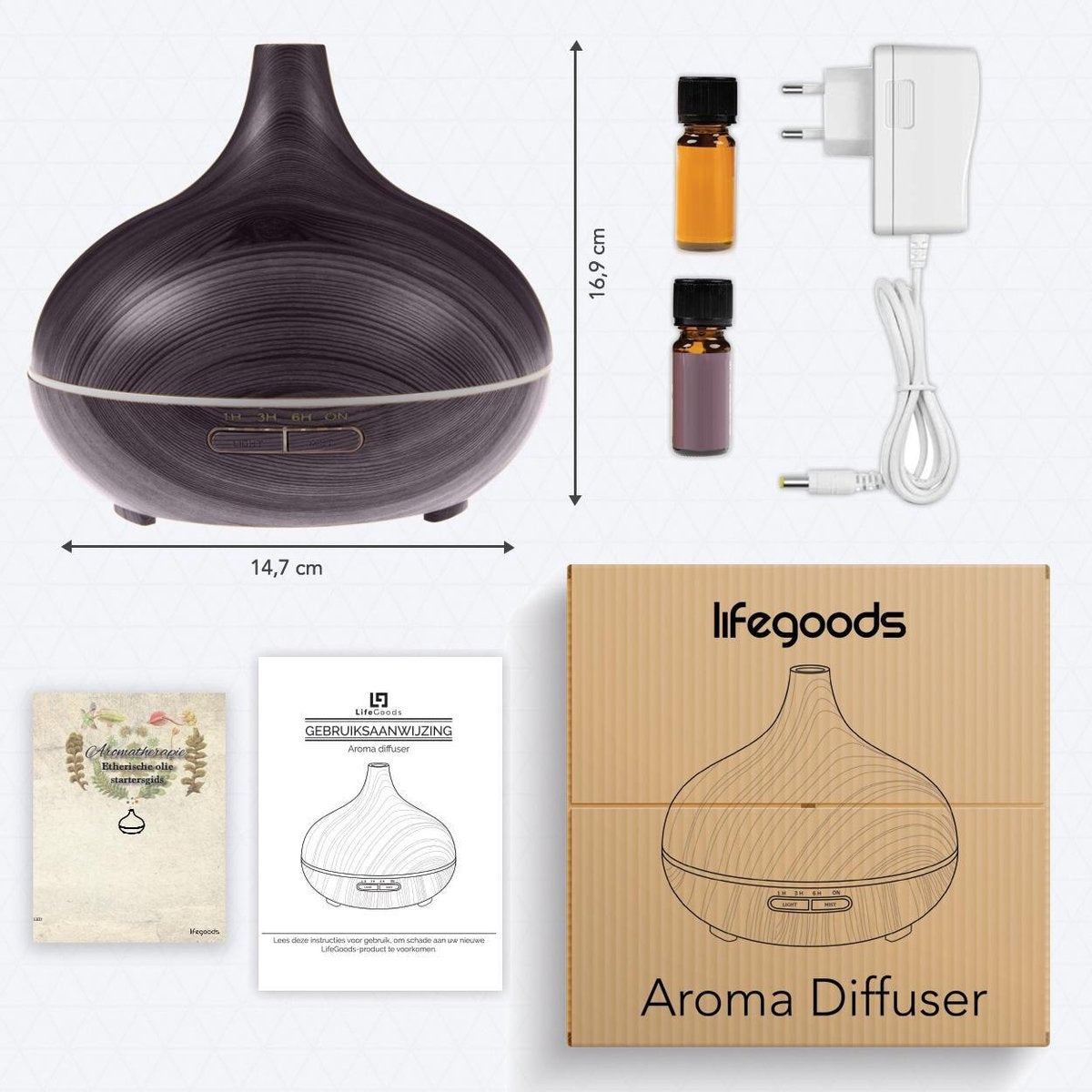 Auronic Aroma Diffuser - 300 ml - Luchtbevochtiger - 7 LED Kleuren - Incl. 2x Olie - Donkerbruin