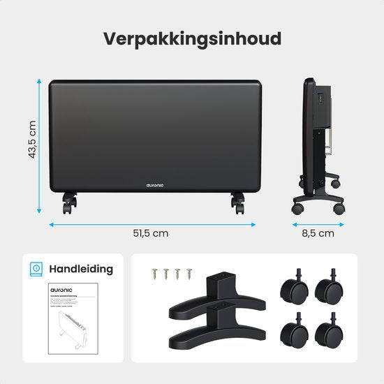 Auronic Convectorkachel - 2000W - Elektrische Kachel - 3 Standen - Metalen Paneelverwarming - Vrijstaand - Wielen - Zwart