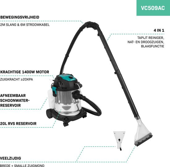 VONROC Tapijtreiniger – Incl. Accessoires & Reinigingsmiddel – 1400 W – 20 Liter – Zwart