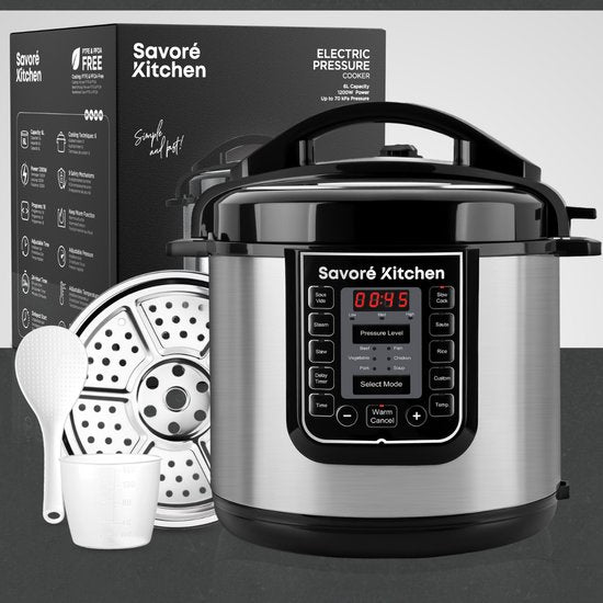 Savoré Kitchen Pressure Cooker 6L – Tot 6 Pers. – PFAS-vrij – 29 × 33,5 cm – Snelkookpan, Rijstkoker, Slowcooker, Stomer, Sous-vide & Multicooker