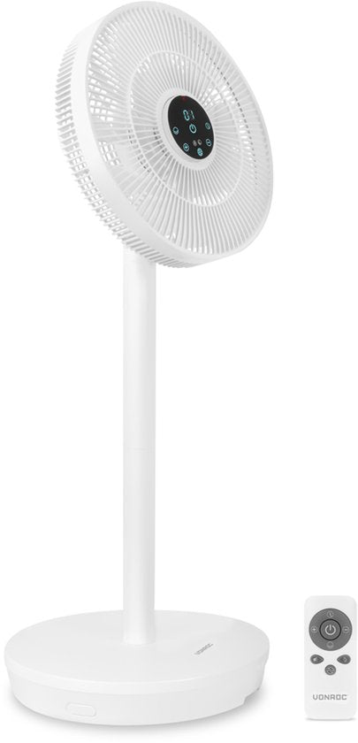 VONROC BREEZE Draadloze Ventilator – Fluisterstil (<44 dB) – 24 snelheden – lichtgewicht en draagbaar - 3 windmodi: Natuurlijk, Slaap, Normaal – Modulair: tafelventilator én vloerventilator – Luxe touchdisplay – Incl. afstandsbediening – Wit