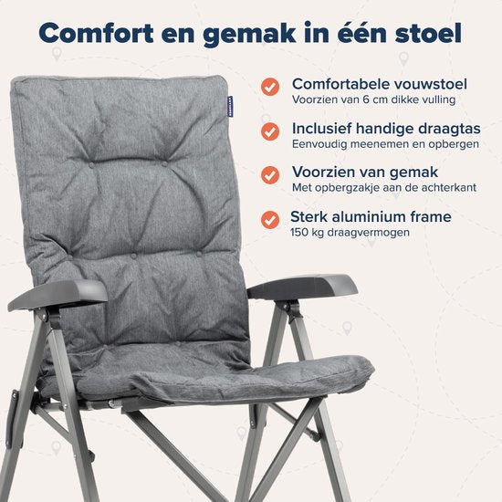 TRVLMORE Campingstoel - Inclusief Draagtas - Comfortabele Vouwstoel - 150 kg draagvermogen - Kampeerstoel - Opbergvak - Klapstoel - Grijs
