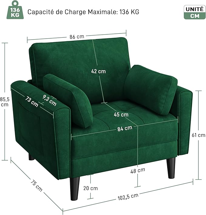 Yaheetech Moderne Woonkamerfauteuil met Armleuningen en Zakken Relaxfauteuil met Kussens Houten Frame Stoffen Slaapkamerfauteuil voor Woonkamer Groen