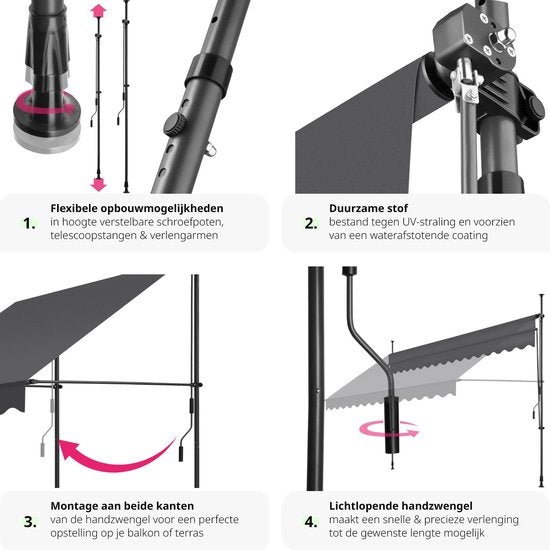 tectake - klemluifel - Zonnescherm – Zonneluifel - Verstelbaar - Klem-zonwering - Zonnescherm Balkon - 400 x 180 cm - zwartgrijs – zonwering - 404970