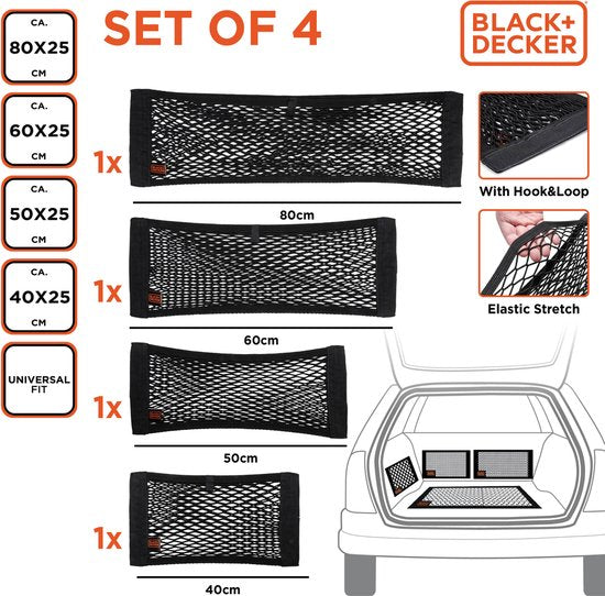 BLACK+DECKER Bagagenet Auto 4 Stuks - Opberging - 4 Verschillende Afmetingen - Zwart