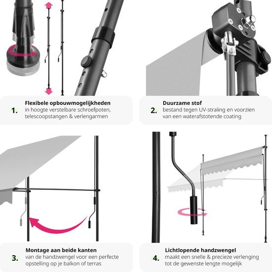 tectake - klemluifel - Zonnescherm – Zonneluifel - Verstelbaar - Klem-zonwering - Zonnescherm Balkon - 250 x 180 cm - lichtgrijs – zonwering - 404961