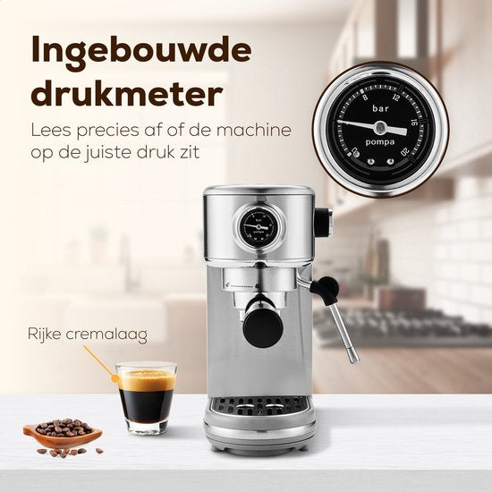 KitchenLove Pistonmachine - RVS Espressomachine - 20 Bar - Handmatig - Met Stoompijpje