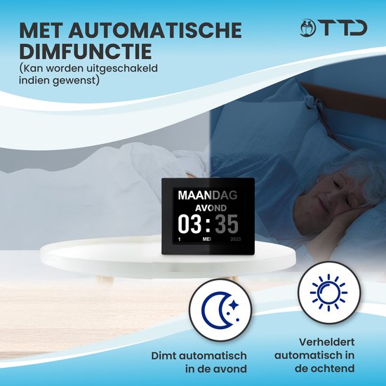 TTD® Dementieklok XL 8 Inch – Klok met Dag & Datum – Analoge & Digitale Weergaves – Handleiding in Groot Lettertype – Wekker – Kalenderklok voor Ouderen en Slechtzienden - Alzheimerklok - Seniorenklok