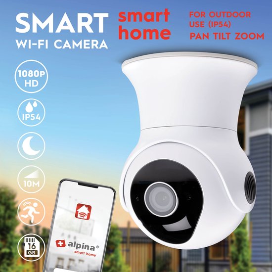 alpina Smart Home Wifi Camera - Full HD 1080p - Bewakingscamera voor Buiten - Geluid- en Bewegingssensor - Nachtvisie - met App - IP54 Stof- en Waterdicht