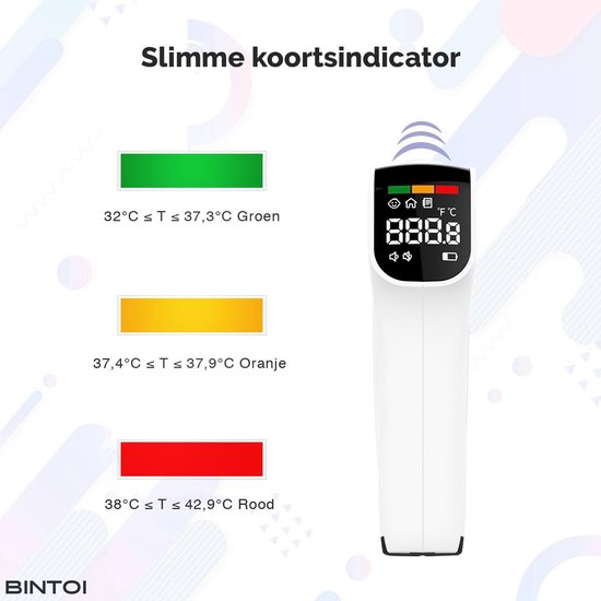 Bintoi® Thermometer voorhoofd - Temperatuurmeter - Thermometer lichaam – Oorthermometer - Koortsthermometer voor volwassenen en baby's - Instant meting in 1 seconde - Makkelijk te lezen in het donker - Incl. batterijen