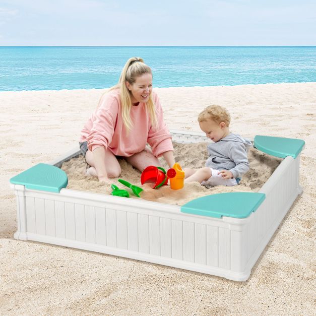 Coast Zandbak Wit – Vierkante HDPE Kinderzandbak met 4 Hoekzitjes en Afdekhoes – 123,5 x 123,5 x 31,5 cm
