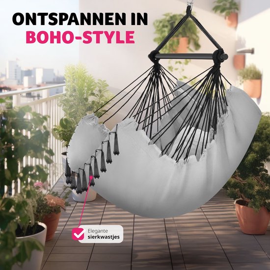 tectake® Hangstoel voor binnen of buiten - Weerbestendig - Met tabletvak en bekerhouder - Macramé schommel voor balkon en tuin - Hangende schommel belastbaar tot 150 kg - Grijs