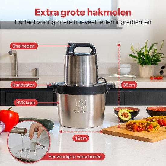 AoraKitchen Hakmolen - 5 Liter - 2 Snelheden - Chopper - 2000W - Elektrisch - 4 RVS Messen