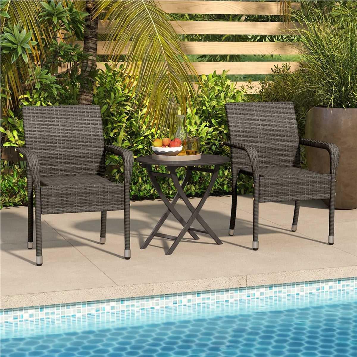 Yaheetech Set van 2 Stapelbare Tuinstoelen van PE-Rattan 58x58x84 cm – Sfeervol Grijs – Rattan en Metaal