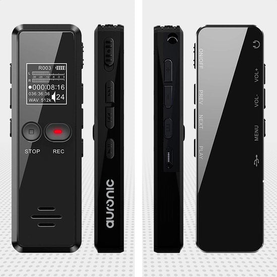 Auronic Digitale Voice Recorder - Dictafoon - 8GB Opslag - Ruisonderdrukking - USB Oplaadbaar - Afluisterapparatuur - Zwart