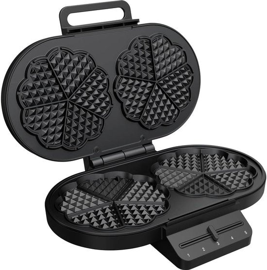Princess 132384 Dubbel Wafelijzer - 10 hartvormige - 1200W - Regelbare thermostaat- 5 standen - Anti aanbaklaag - PFAS-vrij - Zwart - Gaufrier