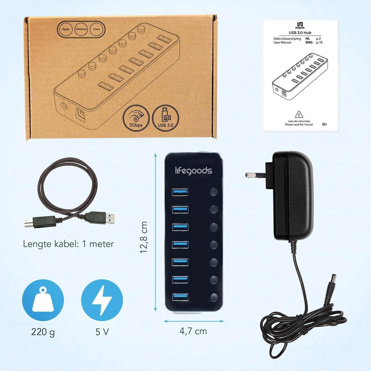 Auronic USB Hub 3.0 - USB Splitter met 7 Poorten - met Voeding - 5 GBPs - Led Indicatie - Zwart