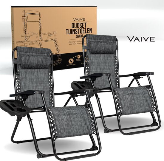 Vaive Luxe Tuinstoelen Duoset - Verstelbare Tuinstoel en Ligstoel - 30°-90° Verstelbaar - Tuin - Metaal - Zwart