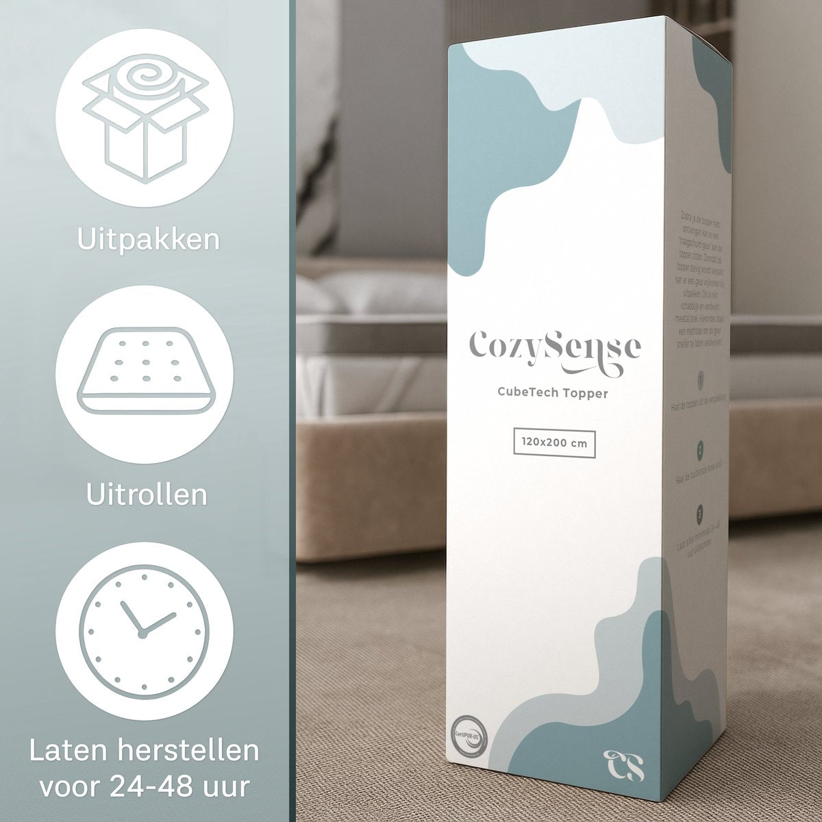 CozySense® – CubeTech Topper Topdekmatras – 120 x 200 cm – 100+ Comfort Cubes - Verkoelende Gel - Wasbare Hoes – Wit Traagschuim En Textiel