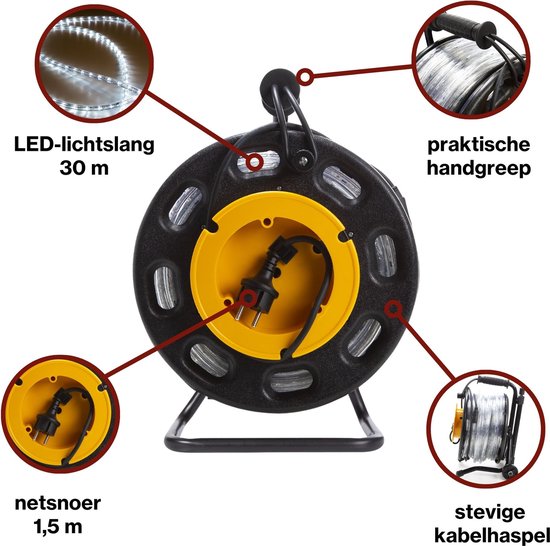 HQ-Power Flexibele led-lichtslang op haspel, 6500 °K, 2850 lm, perfect voor het verlichten van bouwwerven, traphallen, liftschachten enz., geschikt voor gebruik binnen- en buitenshuis, 30 m, koud wit