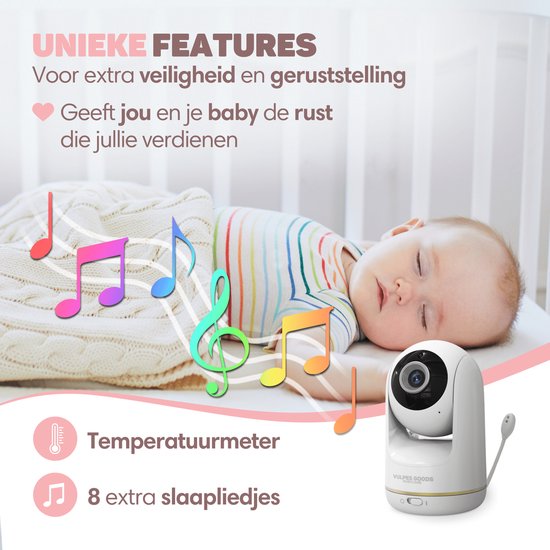 Vulpes Goods® Babycare - Babyfoon met Camera - Babymonitor met Camera en VOX - 5 inch FULL HD Scherm - Op afstand bestuurbaar - Baby Camera - Babyfoons met Geluidsdetectie - Nightvision - PRO Versie - Wit
