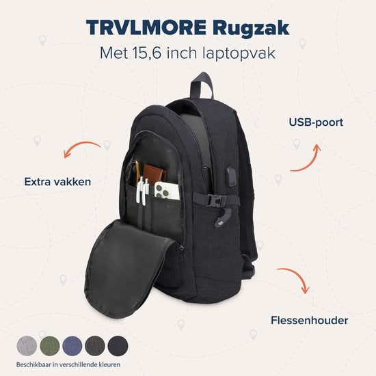 TRVLMORE Rugzak - 25L - 15,6 inch - Laptop Rugtas - Schooltas - Unisex - Spatwaterdicht Zwart