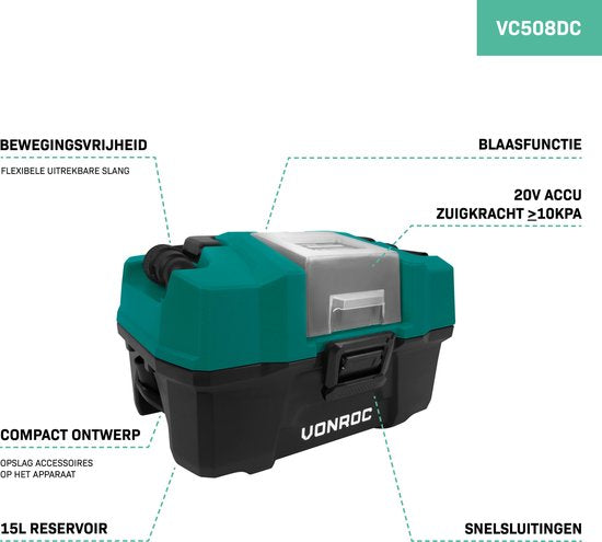 VONROC Compacte alleszuiger / stofzuiger - 20V - Incl. Diverse accessoires – Zonder accu & lader