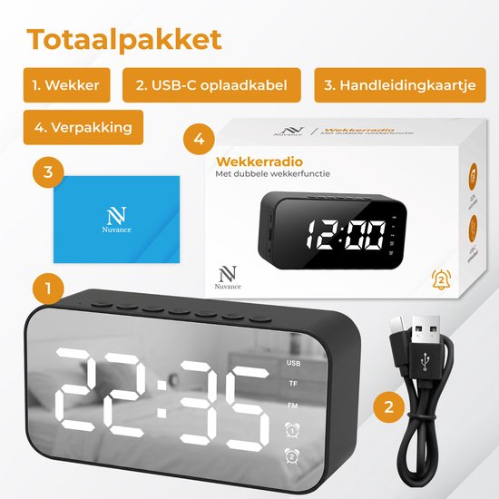Nuvance Wekkerradio - Digitale Wekker Slaapkamer - Radiowekker - 2 Alarmen - Dimfunctie - Wekkers Digitaal - Klokradio met Wekker