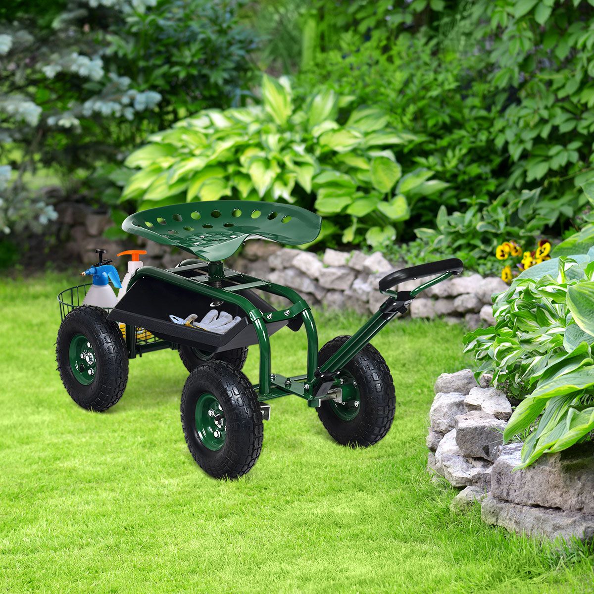 Coast Tuinwagen met verstelbaar handvat - ergonomische zitting - opbergmand en gereedschapsbakken - groen