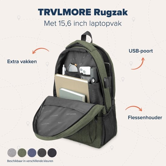TRVLMORE Rugzak - 28L - 15,6 inch - Laptop Rugtas - Schooltas - Unisex - Spatwaterdicht Groen