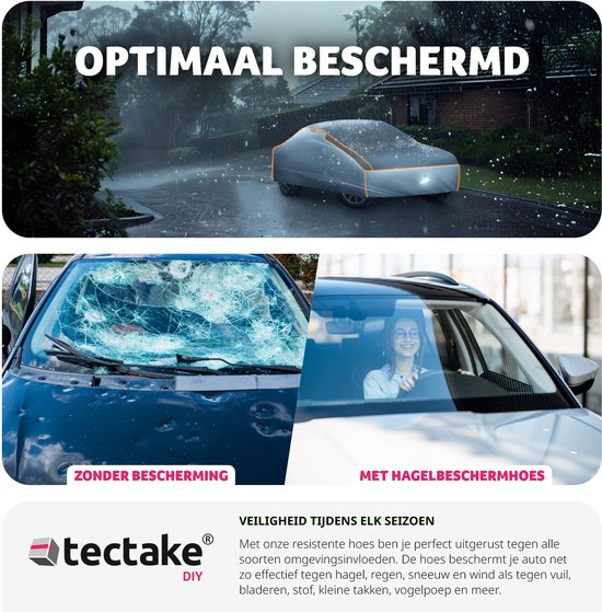 tectake® Autohoes - Autozeil - Hagelbescherming - Waterdicht deken - Ademend - Elastische autogarage - Autoaccessoires met opbergtas - Compatibel met vele modellen - Afmeting (LxBxH) 406x165x120 cm - Small